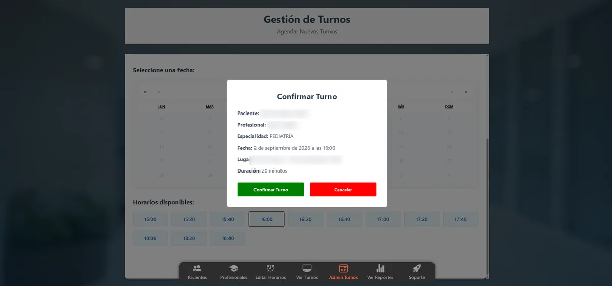 Modal de confirmación de un turno con fecha, horario y duración
