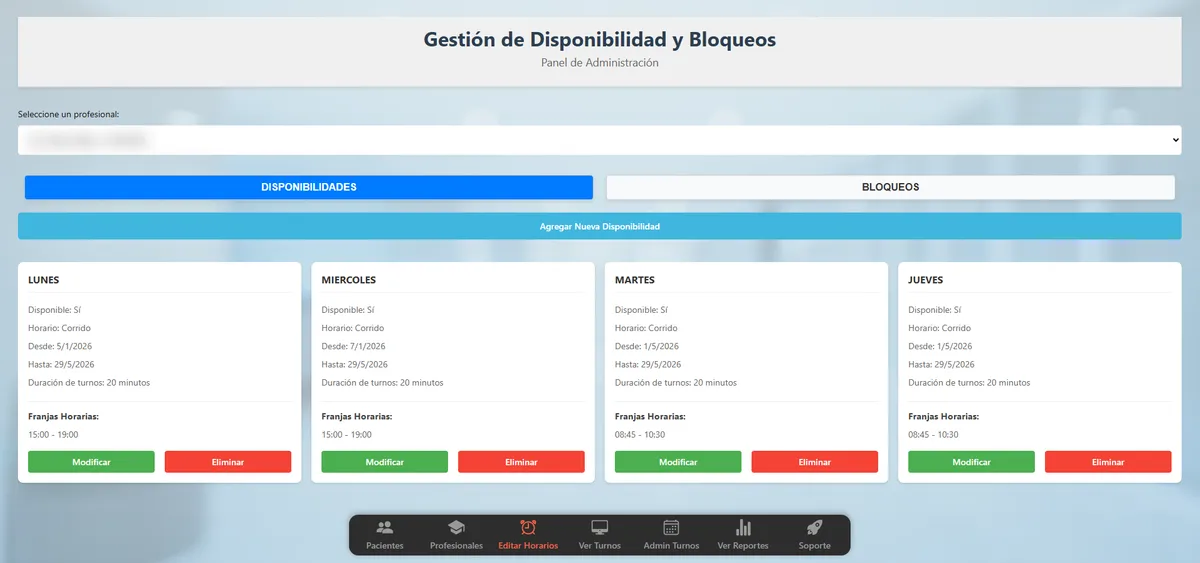 Panel de gestión de disponibilidad y bloqueos por profesional de YSY Agenda