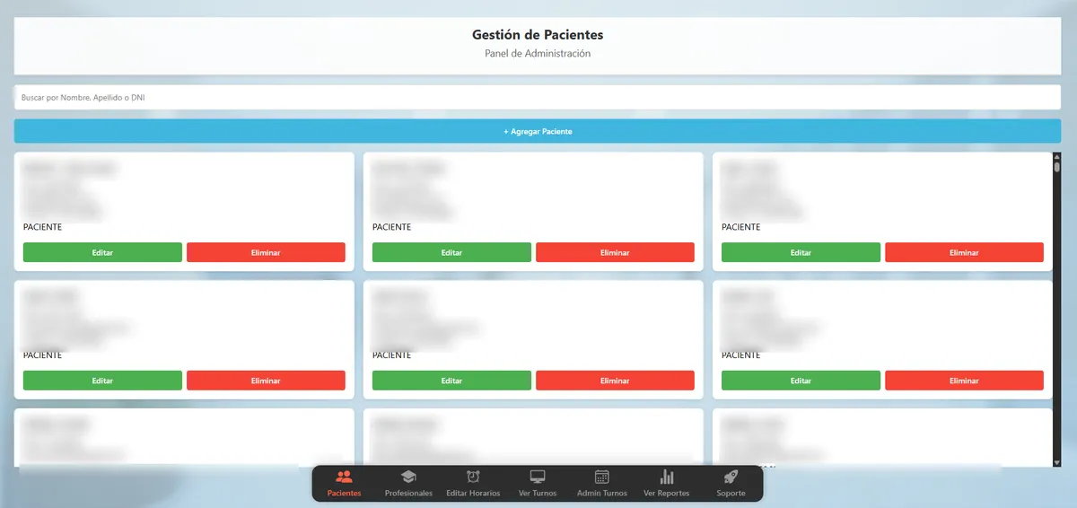 Panel de gestión de pacientes de YSY Agenda, con búsqueda y fichas de pacientes