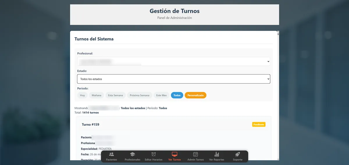 Listado de turnos del sistema con filtros por profesional, estado y período