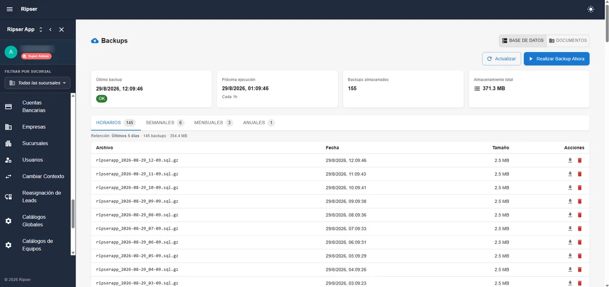 Panel de backups automáticos con retención horaria, semanal, mensual y anual