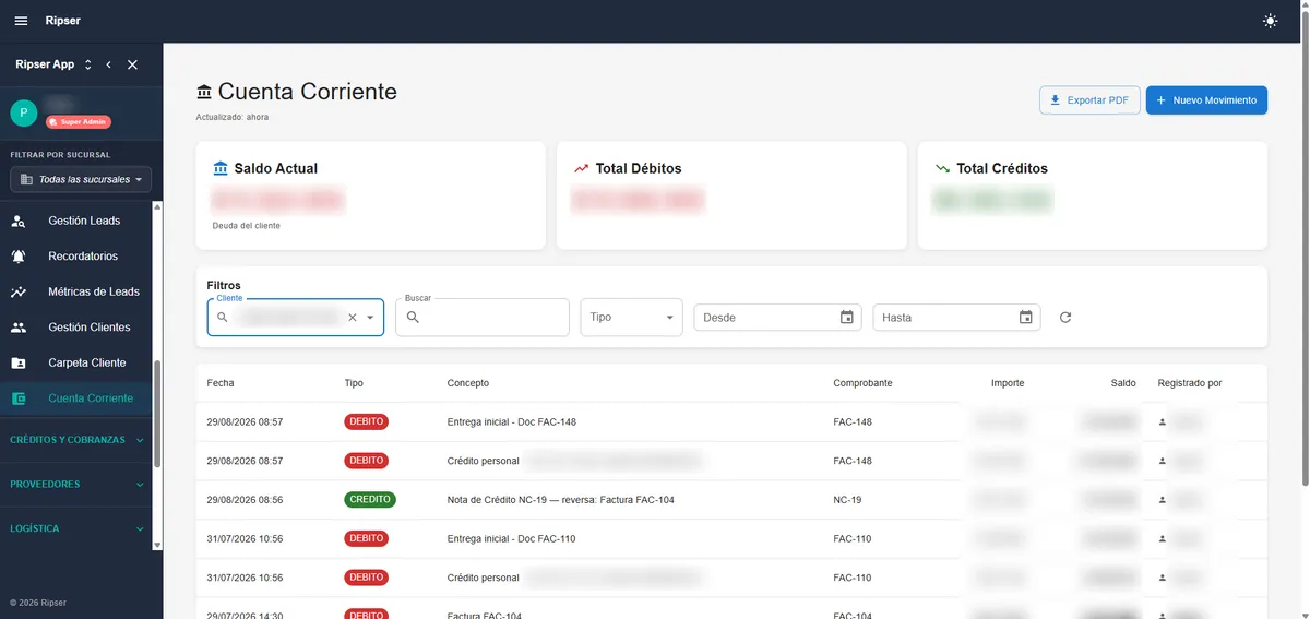 Cuenta corriente de un cliente con débitos, créditos y saldo por movimiento