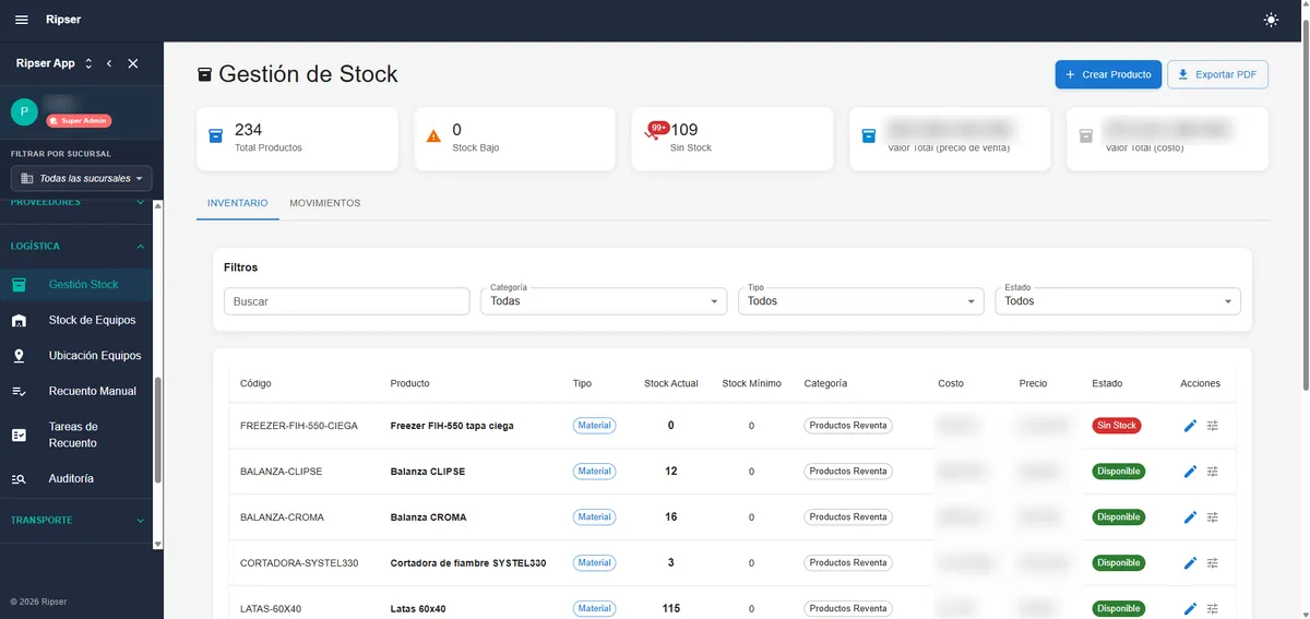 Gestión de stock con inventario, categorías y estados de disponibilidad